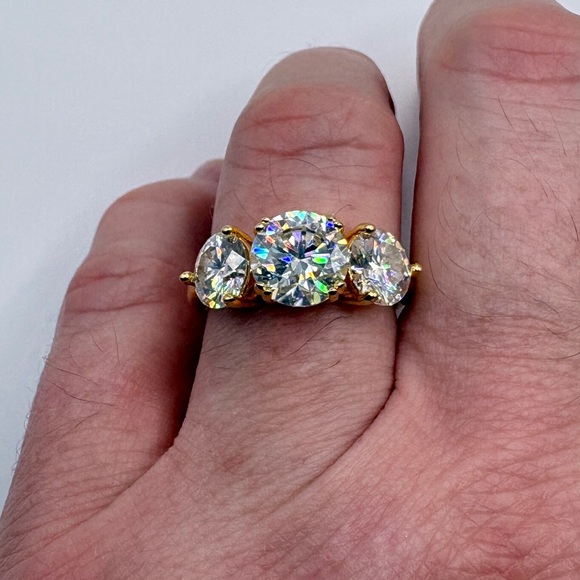 4CT Moissanite 3-Stone Ring | 2CT Center | 14K Gold Plated | Sz 6 | Certificate - Picture 7 of 8